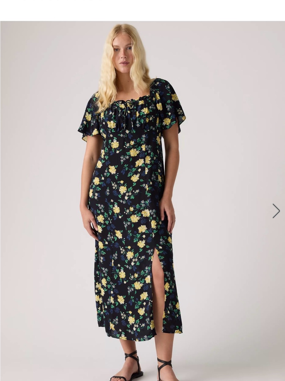 Levi's Black/Navy Amara Column Midi Dress with Yellow Floral Print